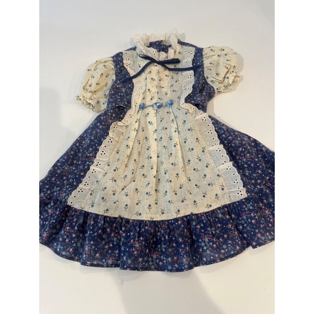 Vintage Toddler Girls Floral Dress With Lace Details & Bow Accents In Blue & Cre